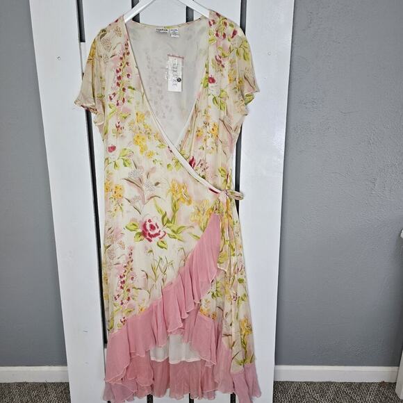 Together Pink Cream Floral Chiffon Wrap Midi Dress 18 Cottage Coquette Wedding - Picture 1 of 8
